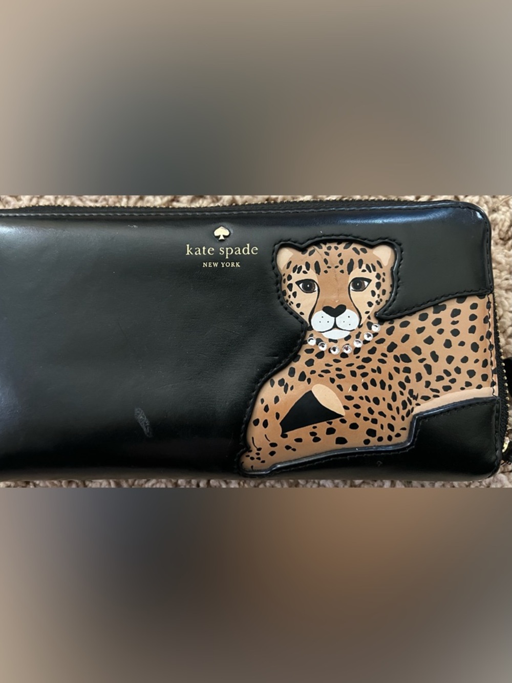kate spade Black Leather Wallet with Leopard Appliqué